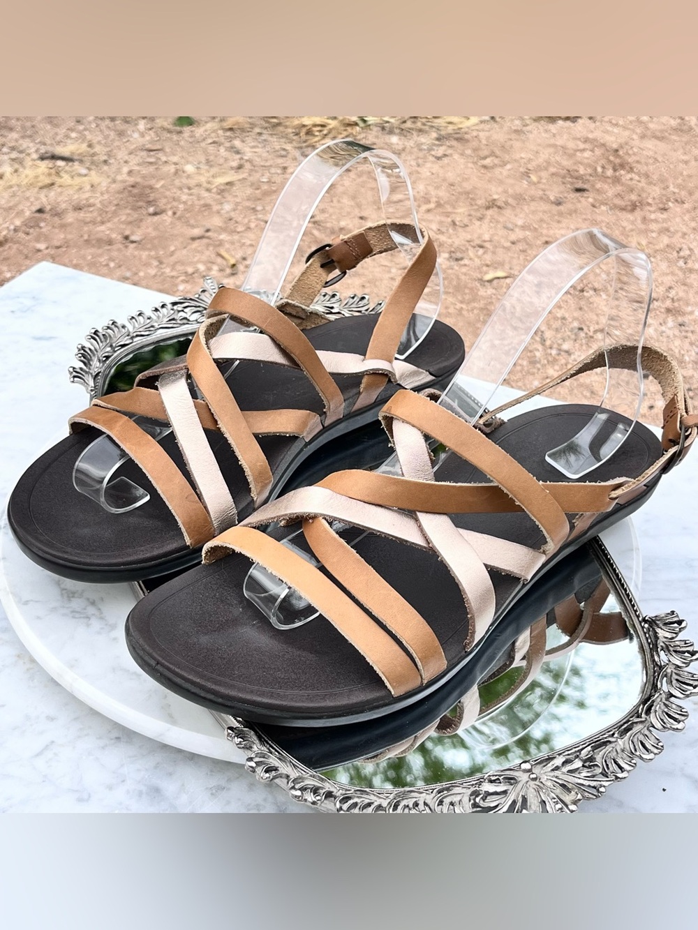 Olukai ‘Awe’ Awe Strappy Brown & Metallic Leather Sandals, 10, Rubber Outer-sole